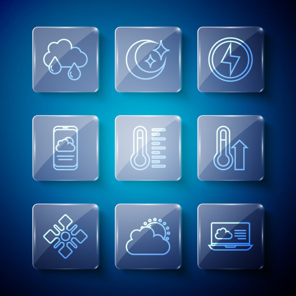 设置线雪花，太阳和云天气，天气预报，闪电，气象温度计，云与雨和图标。向量图片下载