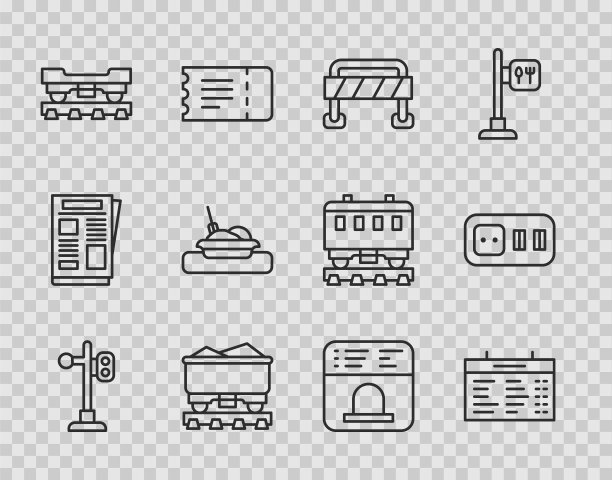 设置线路列车交通灯、站牌、路障、煤车、货物、餐盘、售票处购票和电器插座图标。向量图片下载