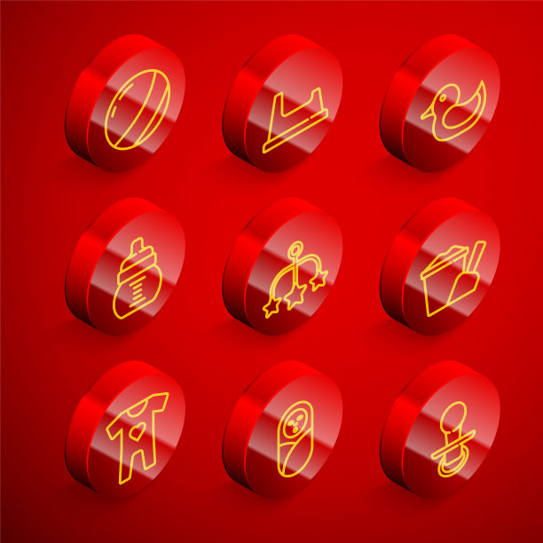 设置线沙滩球，婴儿便盆，橡皮鸭，奶瓶，婴儿床挂玩具，沙桶与铲子，衣服和新生儿婴儿襁褓图标。向量图片下载