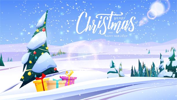 山地冬季景观与雪树。圣诞快乐手写字母文本。卡通矢量图图片下载