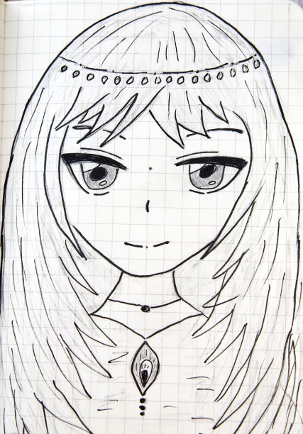 用铅笔和马克笔在格子笔记本上画的一个动画女孩的手写素描图片下载