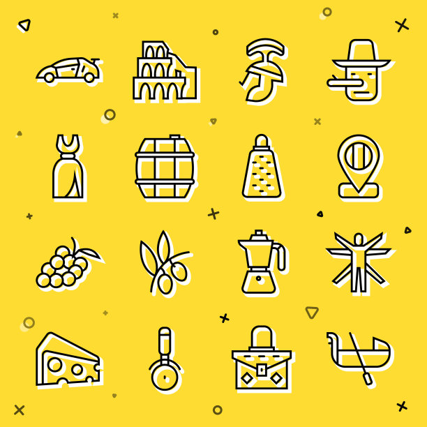 设置线贡多拉，维特鲁威人，位置国旗意大利，罗马军队头盔，桶酒，女人的服装，跑车和磨碎图标。向量图片下载