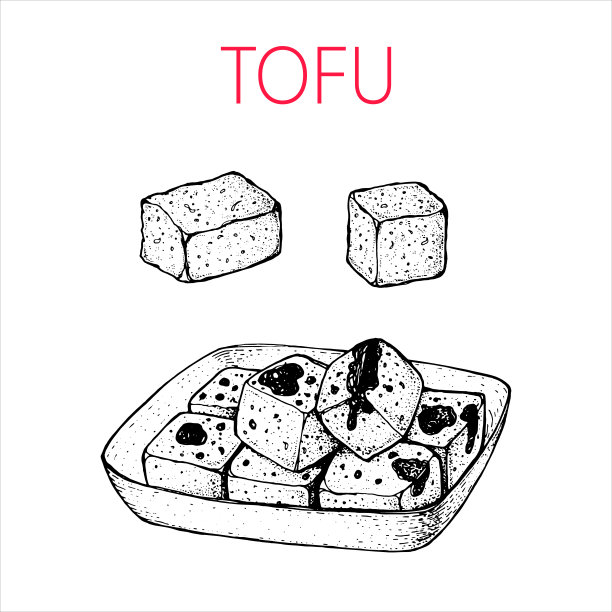 炒豆腐小品。亚洲食品。复古手绘草图。中国菜、日本菜、泰国菜。矢量插图。图片下载
