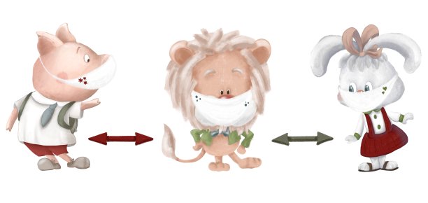 可爱的小动物在庆祝活动中保持社交距离。猪、狮子和兔子在安全空间。图片下载