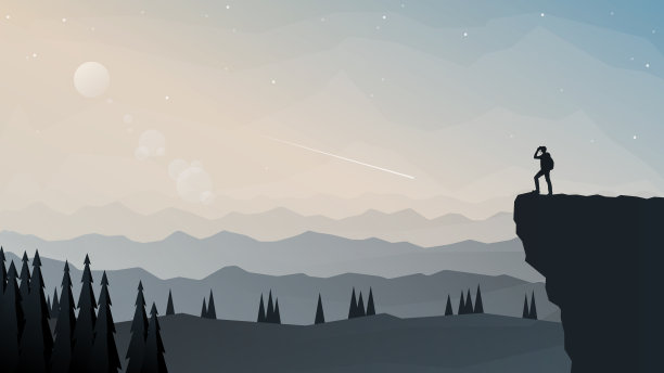 一个人站在山顶上，用双筒望远镜观看。平面插画风格。探索、探索、观察自然的旅游理念。徒步旅行。探险旅游。多边形的设计。图片下载