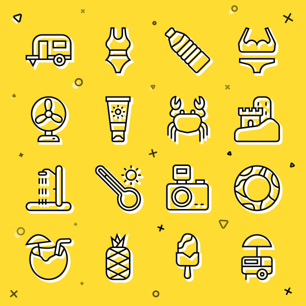快速街头餐车，橡胶游泳圈，沙堡，瓶装水，防晒霜霜管，电风扇，房车露营拖车和螃蟹图标。向量图片下载