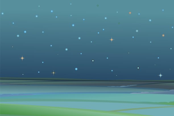 晚上农村景观。星空是为了。农场花园田地和山丘的景色。平面风格的卡通设计。美丽黑暗的郊区景色。向量图片下载