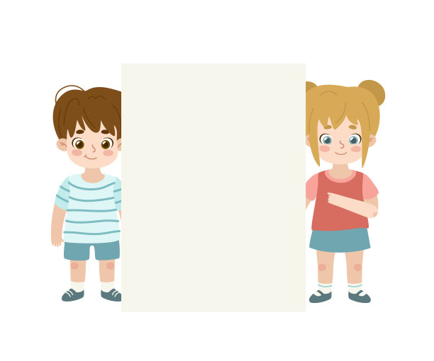 一个女孩和一个男孩站着，拿着空的横幅。两个孩子展示空白纸的布告。图片下载