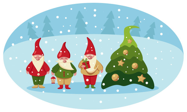圣诞贺卡和三个可爱的小精灵在圣诞树上。矢量平面插图的圣诞快乐。每股收益10。图片下载