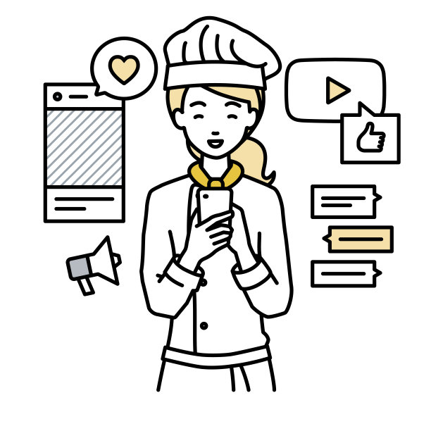 通过各种社交网络和聊天工具进行交流的女厨师站在那里，看着手中的智能手机图片下载