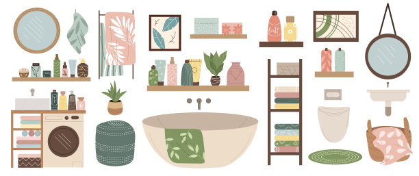 大套浴室和盥洗用品图标图片下载