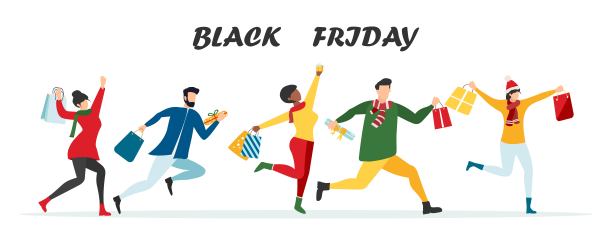 黑色星期五促销活动。拿着购物袋的扁平人物。大折扣，广告概念，广告海报，横幅。向量。图片下载