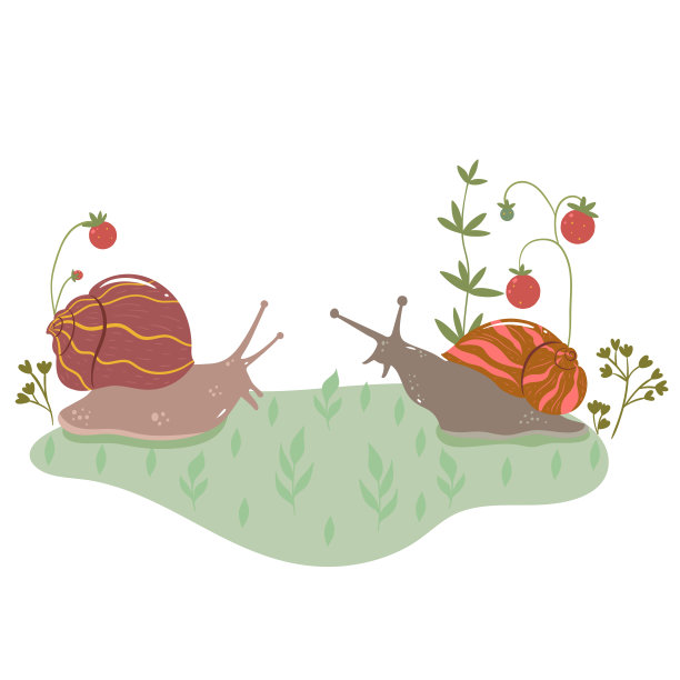 草莓草地上的两只蜗牛。矢量图形。图片下载