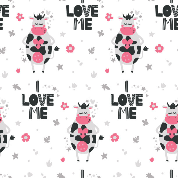 矢量无缝图案与可爱的牛心，情人节，爱，花图片下载