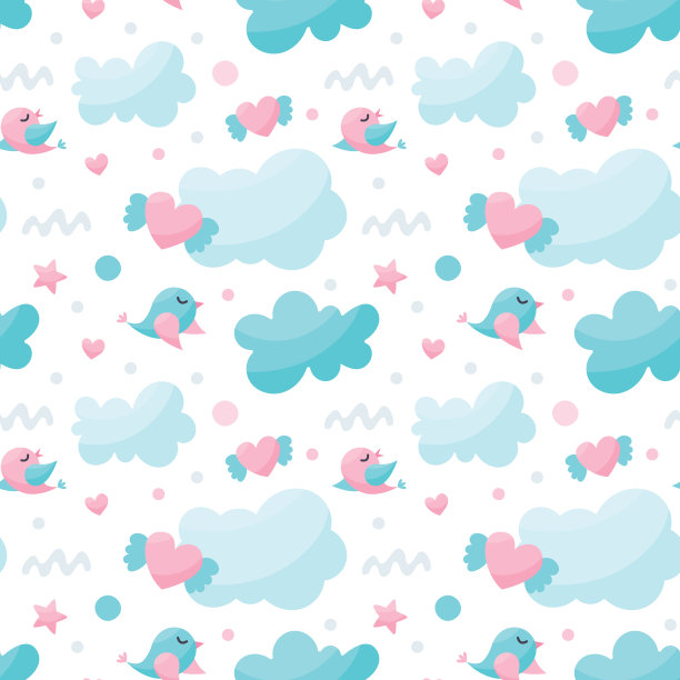 无缝托儿所可爱的图案与鸟，云，心与翅膀，为孩子星星图片下载