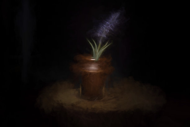 数字绘画的单一人造薰衣草茎和陶瓷瓶在黑色背景下。图片下载