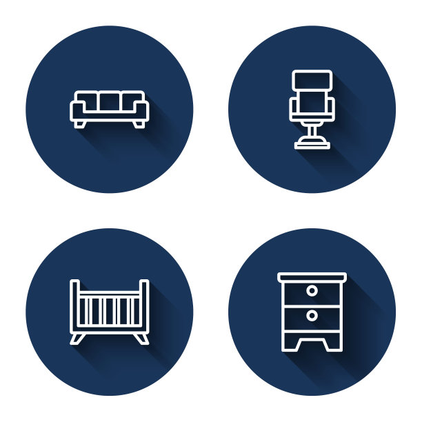 集线沙发，办公椅，婴儿床摇篮床和家具床头柜与长影子。蓝色圆按钮。向量图片下载