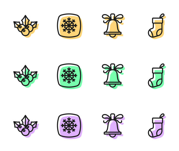 设置线圣诞钟声，枝荚花，雪花和袜子图标。向量图片下载