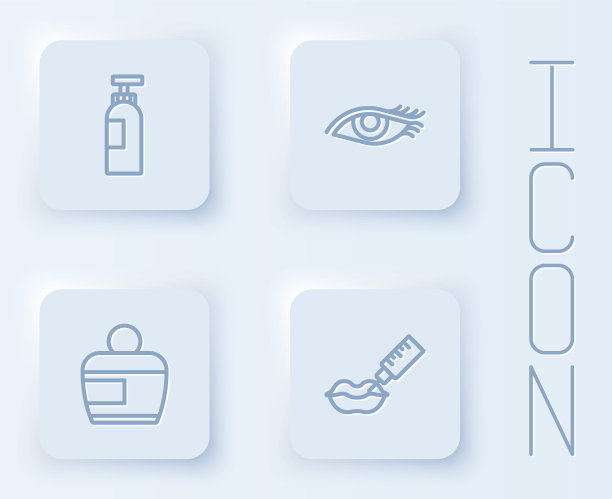 套装:洗发香波瓶、女人眼瓶、面霜或润肤露化妆品管、丰唇瓶。白色正方形按钮。向量图片下载