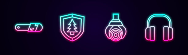 设置线链锯，盾牌与树，抓斗起重机抓取原木和耳机。发光的霓虹灯图标。向量图片下载