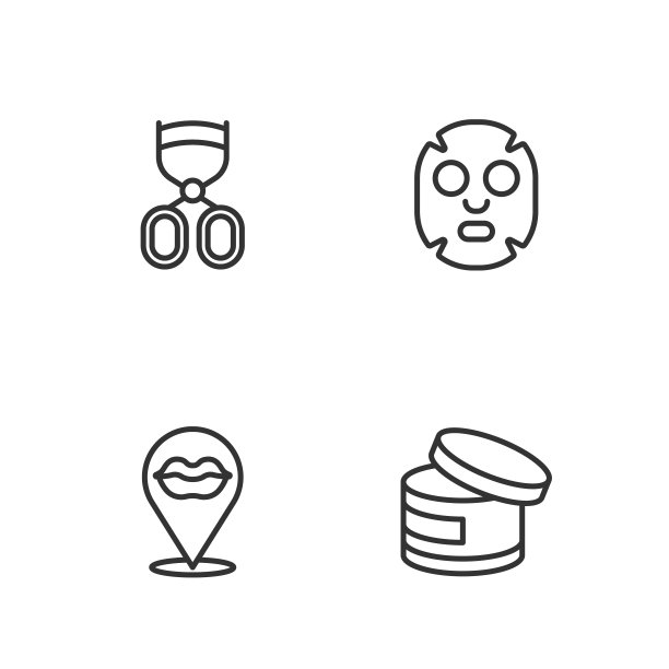 套装线霜或乳液化妆管，微笑嘴唇，睫毛夹和面膜图标。向量图片下载