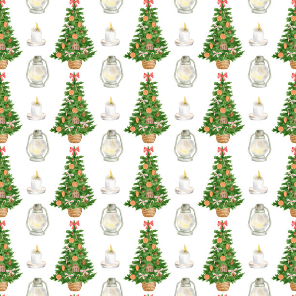 水彩圣诞节无缝模式。手绘装饰圣诞树，灯笼和燃烧的蜡烛孤立在白色的背景上。新年节庆反复设计为包装纸、纺织品。图片下载