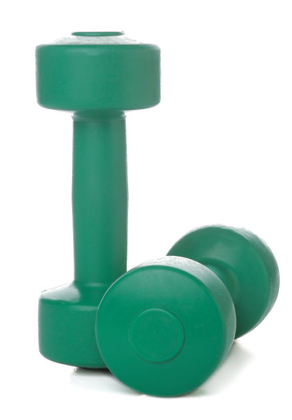 绿色的健身哑铃在白色的孤立背景上。运动设备图片下载