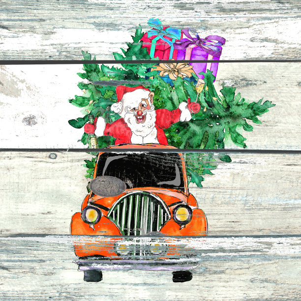 水彩手绘艺术色彩丰富的复古车与圣诞树在划伤旧木制背景图片下载