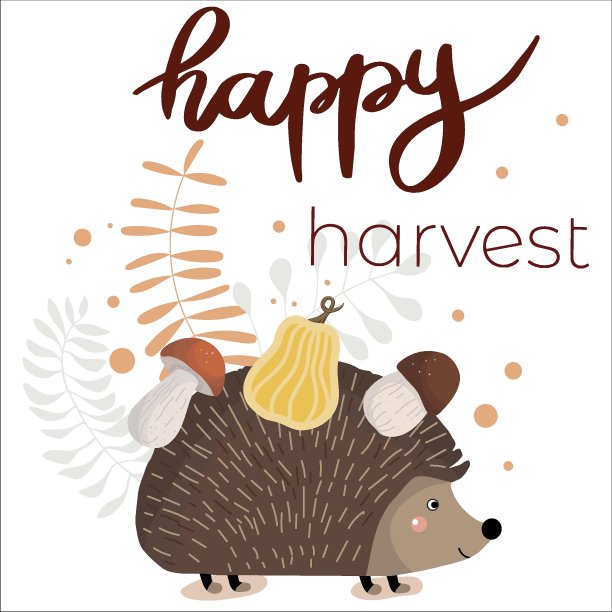 快乐收获的字母，刺猬与收获，作文为卡片，t恤，横幅，邀请。图片下载
