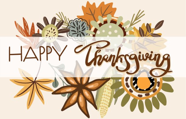 快乐的感恩节文字与秋叶和鲜花。为问候卡，邀请，引号和装饰，横幅的秋天插图。图片下载