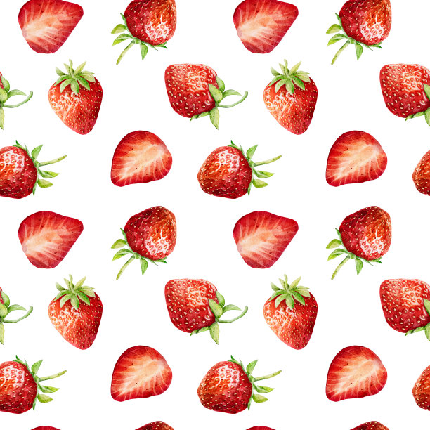 无缝图案与水彩新鲜草莓隔离在白色背景。手绘水彩插图。图片下载