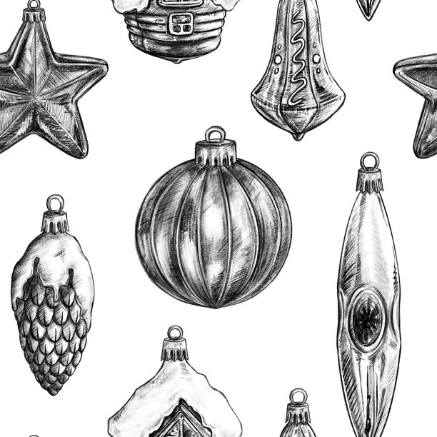 复古复古新年圣诞树玻璃玩具单色无缝图案纹理背景数码素描图片下载