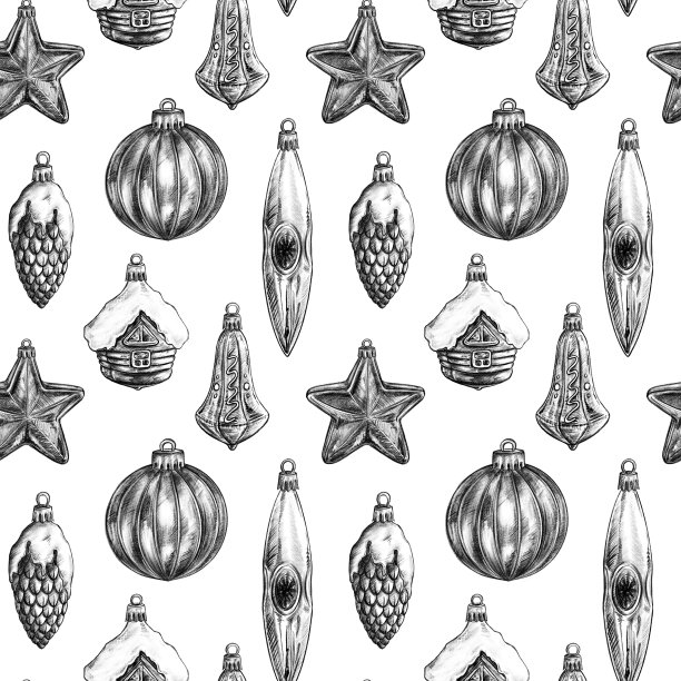 复古复古新年圣诞树玻璃玩具单色无缝图案纹理背景数码素描图片下载