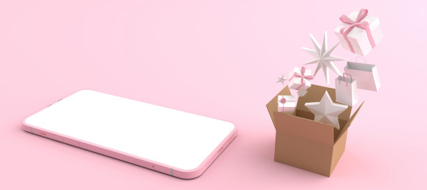 3D渲染智能手机白屏周围和纸盒礼品。在手机上购物的概念，可以填充在粉红色背景上隔离的白色手机屏幕上的内容图片下载
