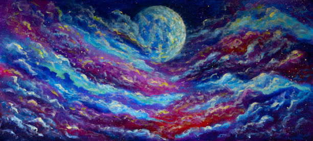 在蓝紫色的星空中绘制的宇宙行星全景图。太空星系绘画图片下载