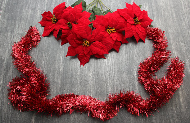 鲜艳的红色花环和墨西哥一品红花，手工娃娃，手杖和星星一起庆祝圣诞节图片下载