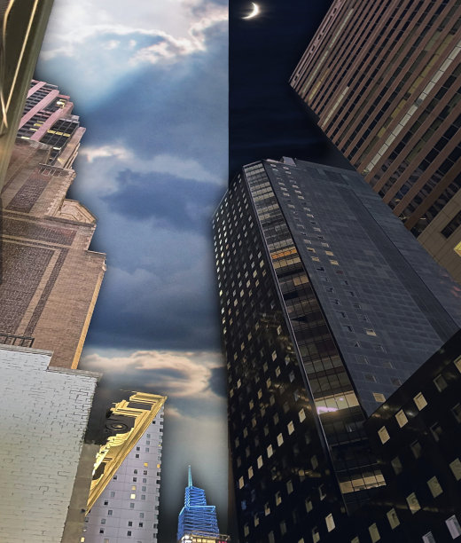 独特的白天和夜晚的视角城市天际线从低角度视图-股票照片图片下载