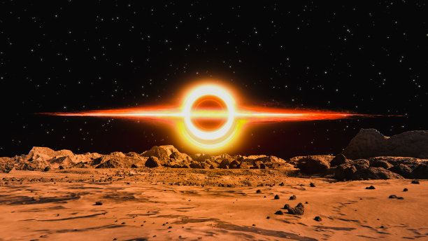 从火星表面看到的银河系黑暗区域的超大质量明亮黑洞。深空火星。概念空间抽象背景。黑洞的现代表现形式。黑洞视界上物质的吸积盘。图片下载