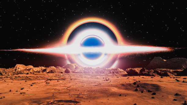 从火星表面看到的银河系黑暗区域的超大质量明亮黑洞。深空火星。概念空间抽象背景。黑洞的现代表现形式。黑洞视界上物质的吸积盘。图片下载