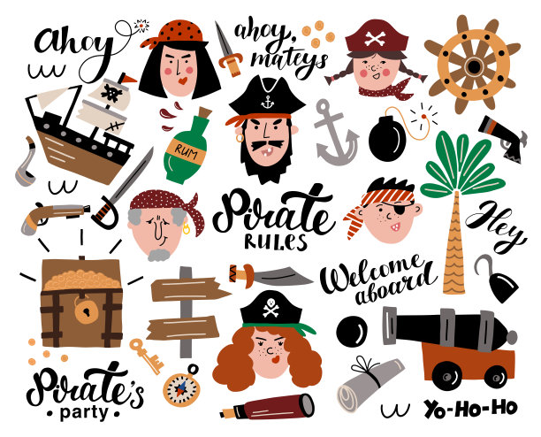 一套海盗肖像，字母短语和海盗元素图片下载