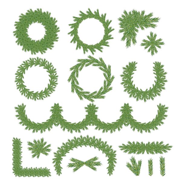 一套绿色云杉圣诞庆祝设计。常青树做的除夕夜装饰品。树枝，花环，边界，花环。向量集。图片下载