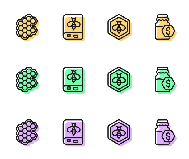 设置线蜜蜂和蜂房，蜂房，关于蜜蜂的书和销售在罐子的图标。向量图片下载