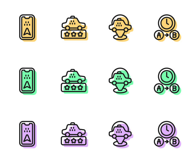 设置线路出租车位置，城市地图信息图，出租车服务等级和等待时间图标。向量图片下载