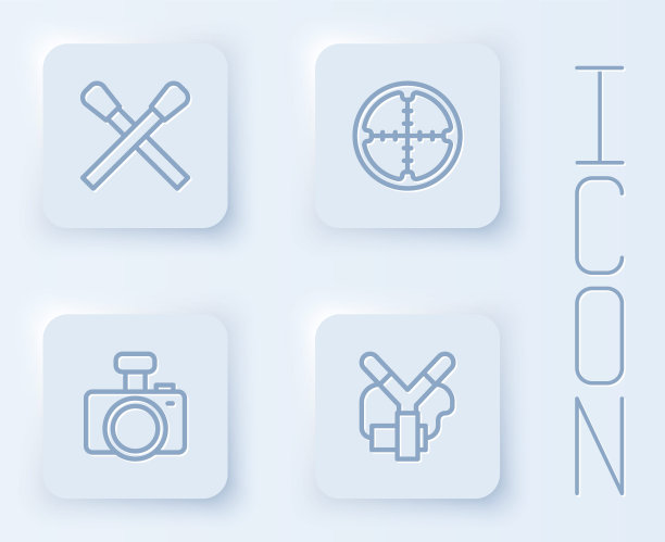 用火点燃火柴，狙击手光学瞄准器，照相相机和弹弓。白色正方形按钮。向量图片下载