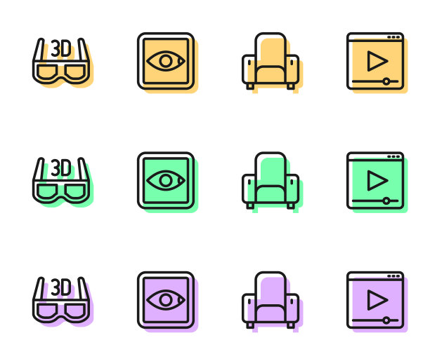 设置电影院椅，3D影院眼镜，分级电影和在线播放视频图标。向量图片下载