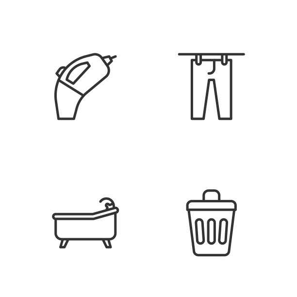 设置垃圾桶、浴缸、便携式吸尘器和烘干衣服图标。向量图片下载