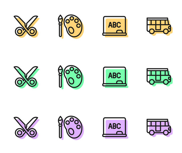 设置线黑板，剪刀，油漆刷调色板和校车图标。向量图片下载