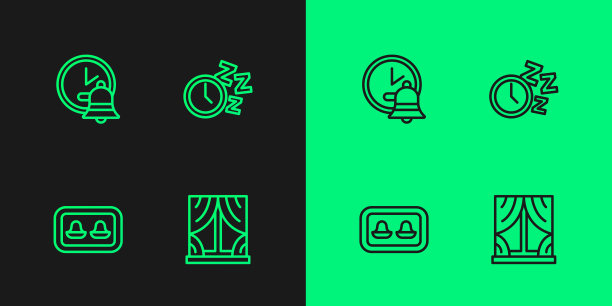 设置窗帘，耳塞，收纳盒，闹钟和图标。向量图片下载