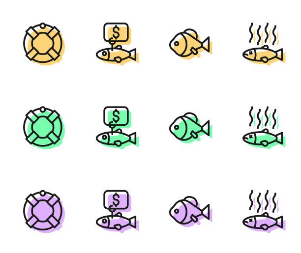 鱼线，救生圈，价格标签的鱼和死亡图标。向量图片下载