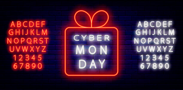 网络星期一霓虹灯标志与现在的框架。白色和红色的字母。分离矢量图例图片下载